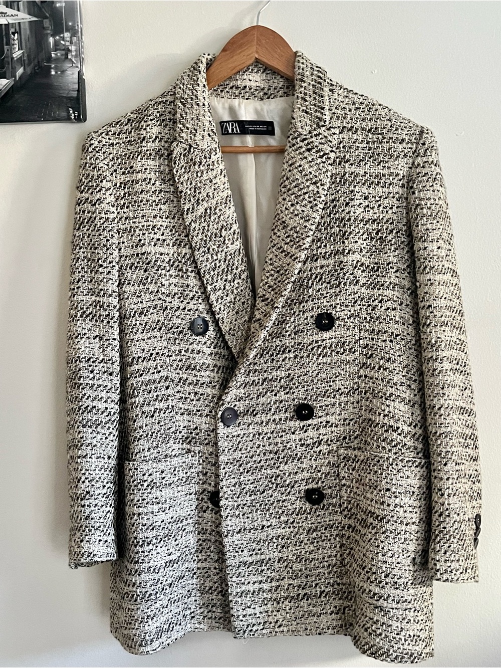 Zara Cream and Black Tweed Jacket- XS ptp 20 inch - Picture 4 of 11
